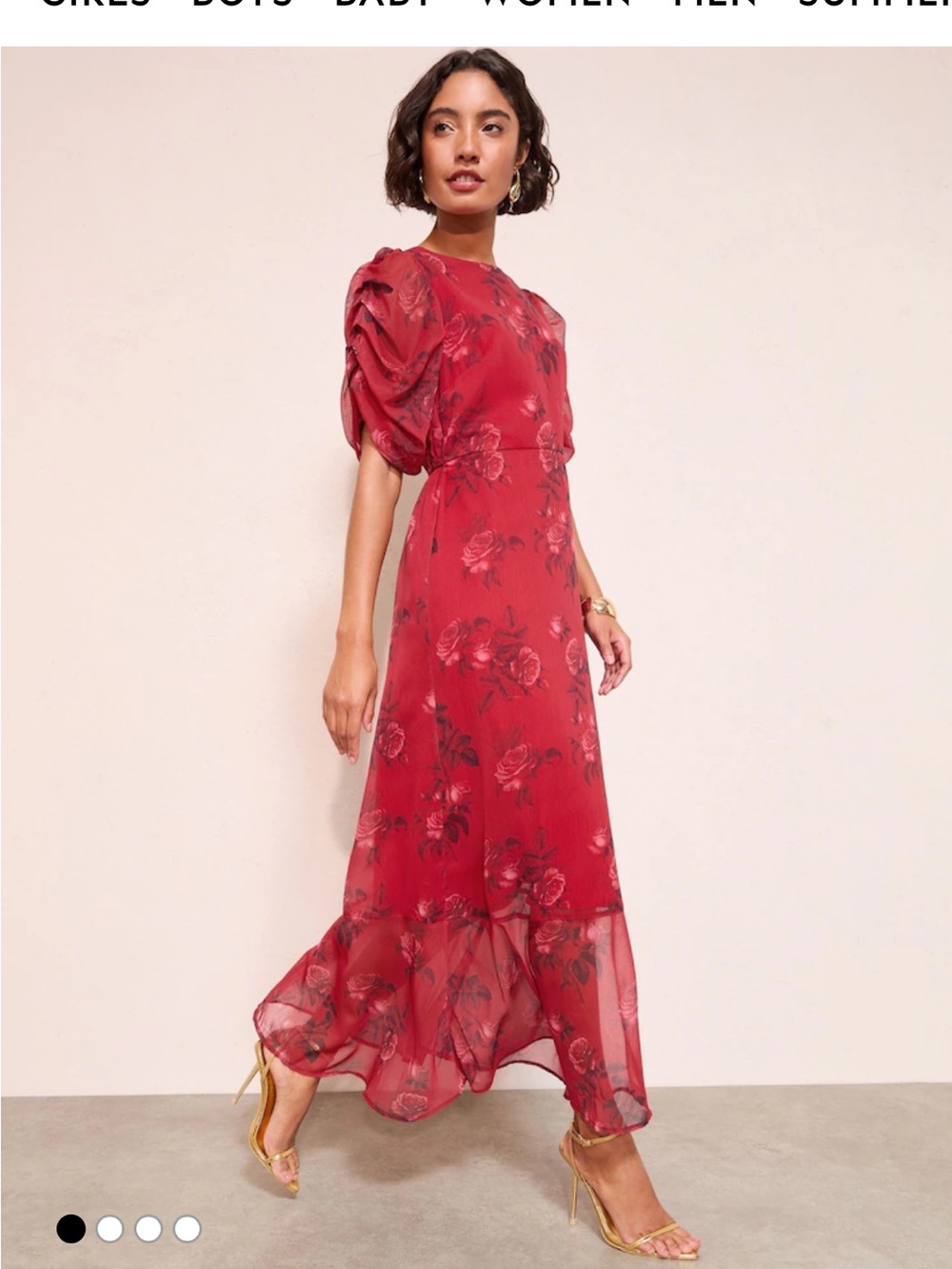 Red Floral Puff-Sleeve Maxi Dress